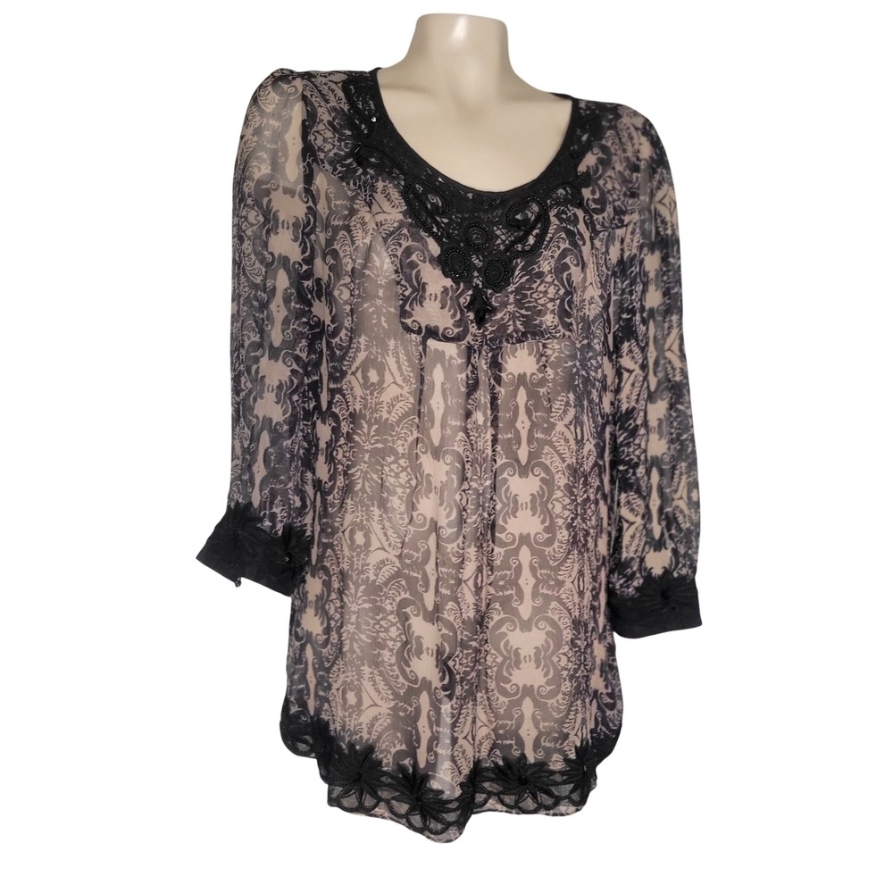 Sundance Silk Sheer Burnout Lace Trim Tunic Top Blouse Black L luxury designer‎